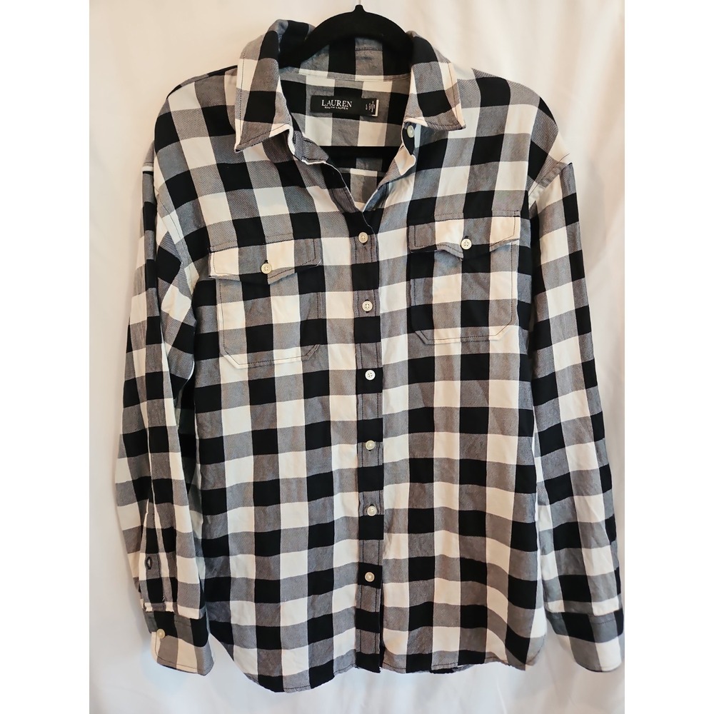 Lauren Ralph Lauren Women's Large Black White Buffalo Plaid Button Up Large